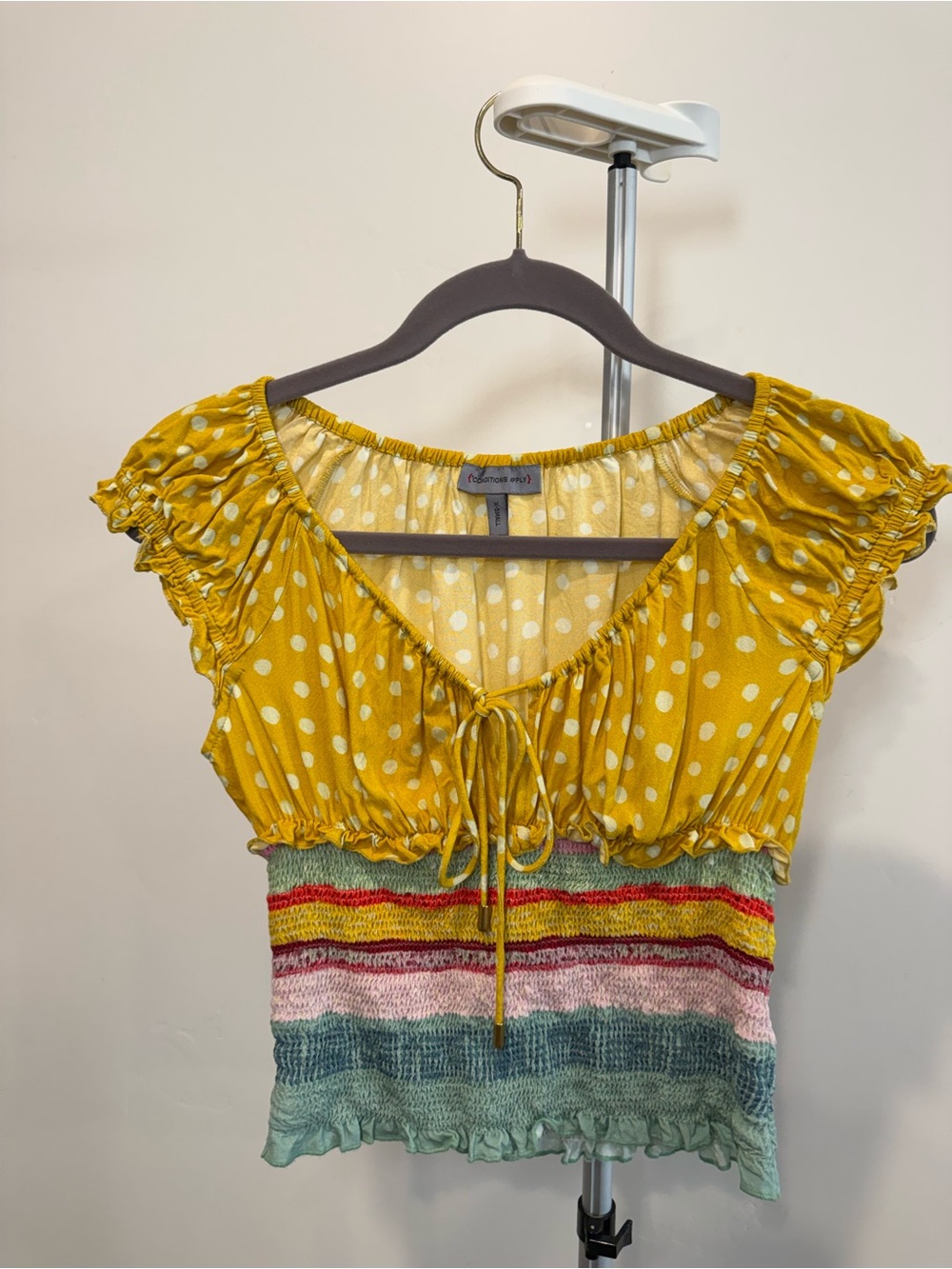 Anthropologie Yellow Polka Dot Smocked Crop Top with Multicolor Striped Hem